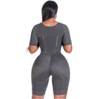 Bling Shapers BLI-938BF charcoal BBL post-surgery faja colombiana with mesh panels and short sleeves back view