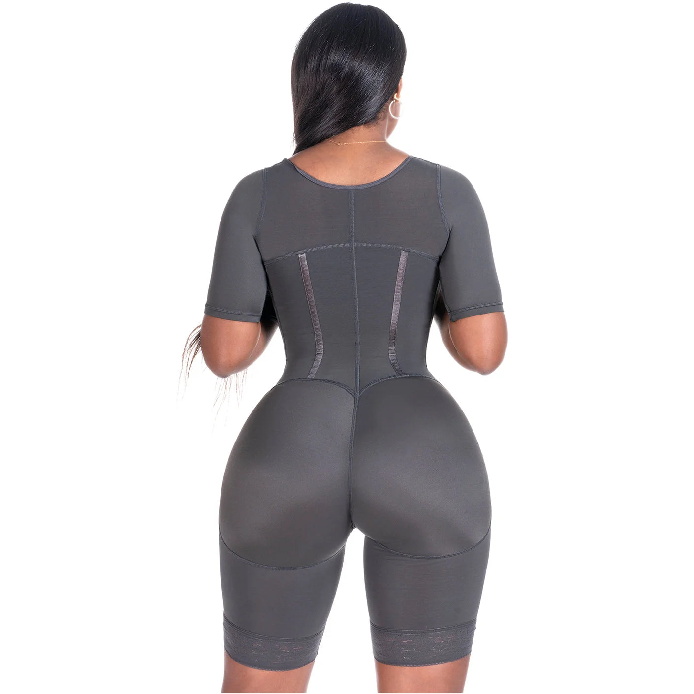 Bling Shapers BLI-938BF charcoal BBL post-surgery faja colombiana with mesh panels and short sleeves back view