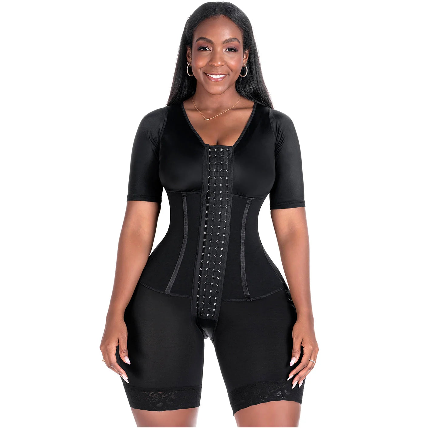 Bling Shapers BLI-938BF black full-body post-surgery faja with hook closure and sleeves, Colombian shapewear BBL recovery fro
