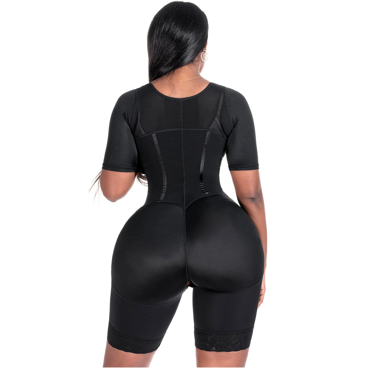 Bling Shapers BLI-938BF black BBL post-surgery faja colombiana with sleeves, open-butt Colombian shapewear back view