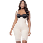 Bling Shapers BLI-941BF beige full-body post-surgery faja colombiana with hook closure and lace hem front view