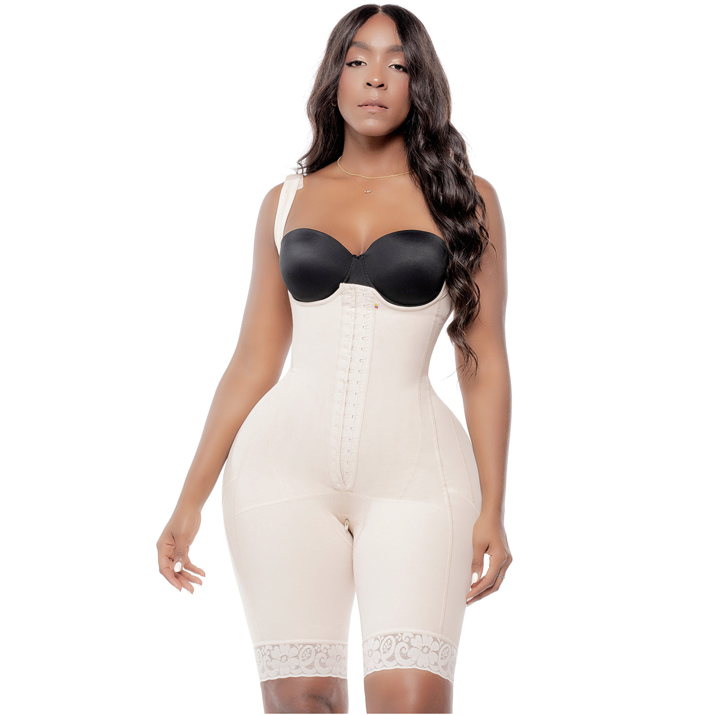 Bling Shapers BLI-941BF beige full-body post-surgery faja colombiana with hook closure and lace hem front view