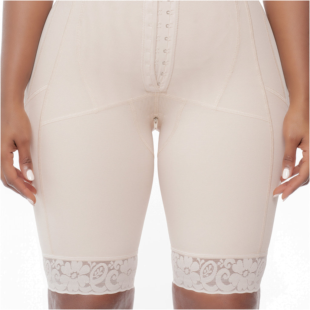 Bling Shapers BLI-941BF beige BBL post-surgery faja colombiana with zipper closure and lace hem, front view compression garme