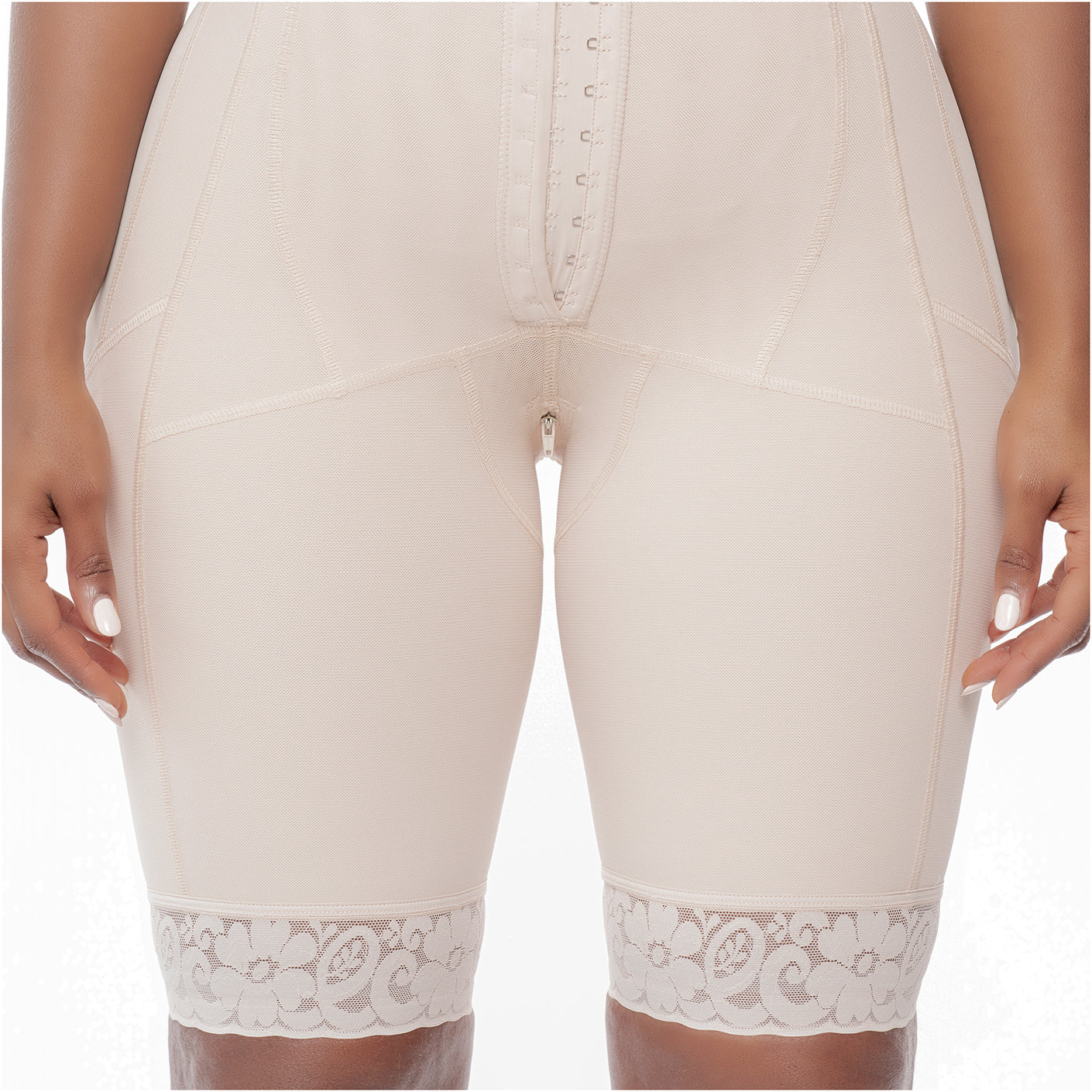 Bling Shapers BLI-941BF beige BBL post-surgery faja colombiana with zipper closure and lace hem, front view compression garme