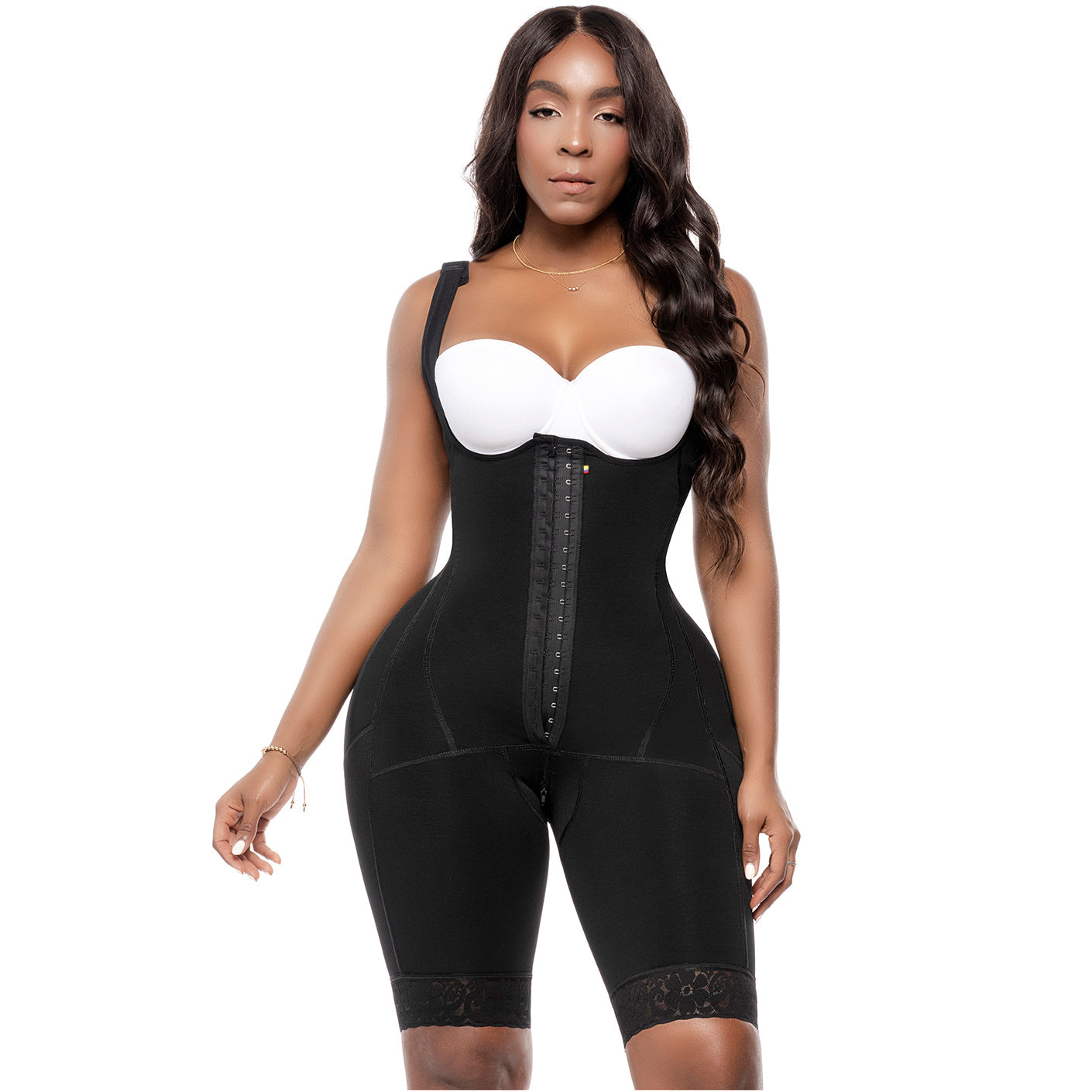 Bling Shapers BLI-941BF black post-surgery BBL faja colombiana with hook closure and lace trim, full-body Colombian shapewear