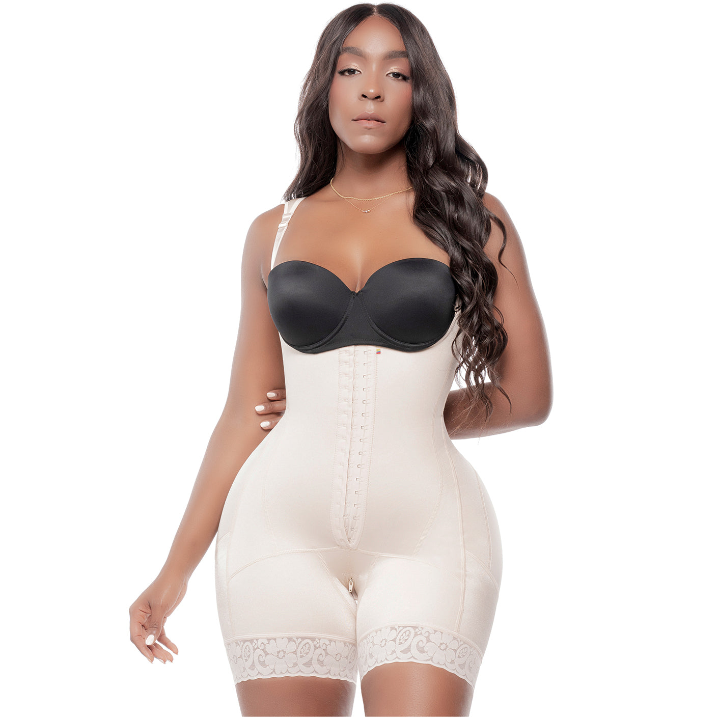 Bling Shapers BLI-T940BF beige BBL faja colombiana with hook closure and lace hem, post-surgery Colombian shapewear front vie