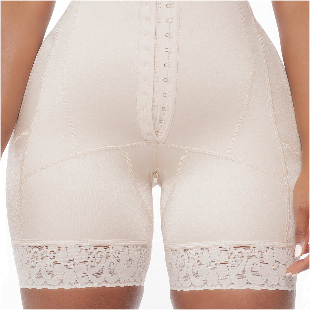Bling Shapers BLI-T940BF beige BBL post-surgery faja colombiana with hook closure and lace trim, back view compression garmen