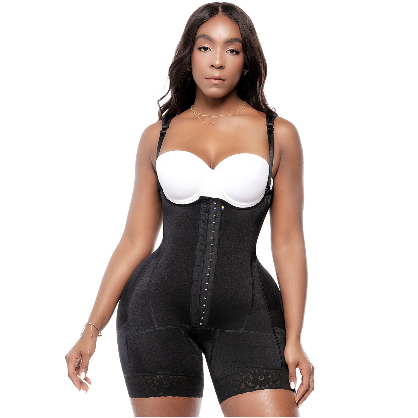 Bling Shapers BLI-T940BF black BBL faja colombiana with hook closure and lace trim, post-surgery body shaper front view