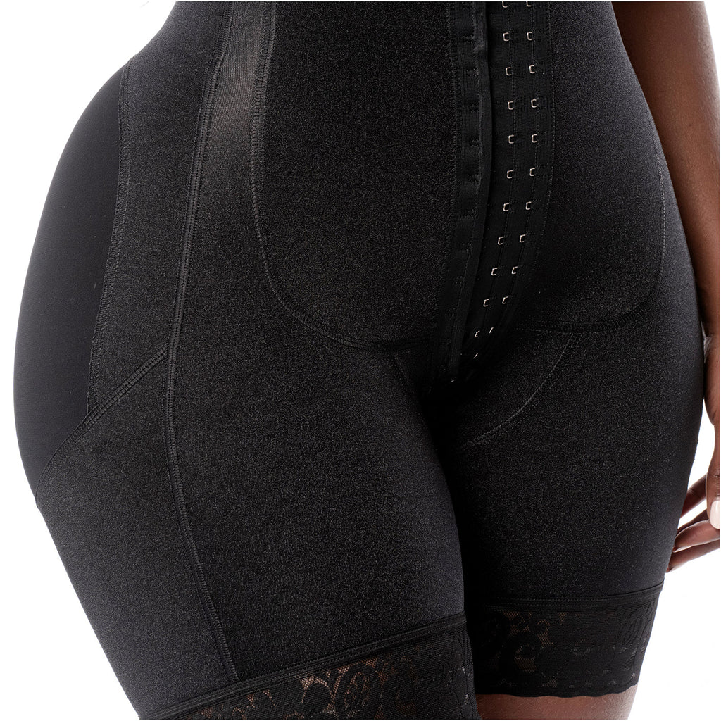 Bling Shapers BLI-T942BF black BBL post-surgery faja colombiana with hook closure, butt-lifting Colombian shapewear side view