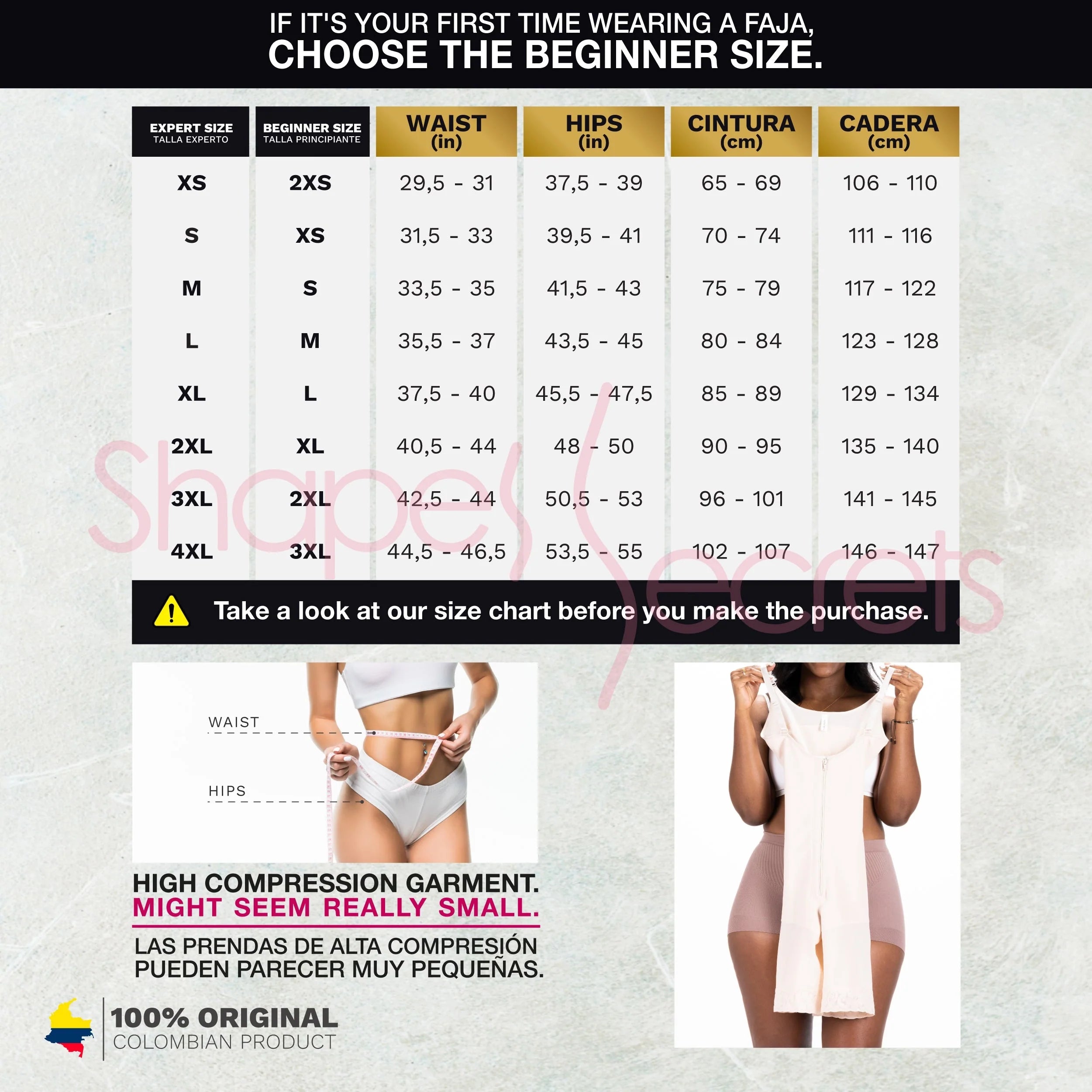 Bling Shapers BLI-553BF faja colombiana size chart guide for BBL post-surgery compression garment beginners and experts