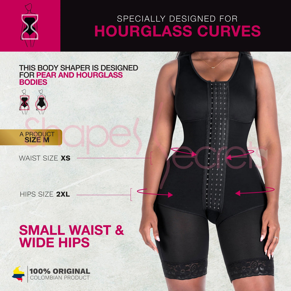 Bling Shapers BLI-553BF black full-body Colombian shapewear faja with hook closure, BBL post-surgery compression garment fron