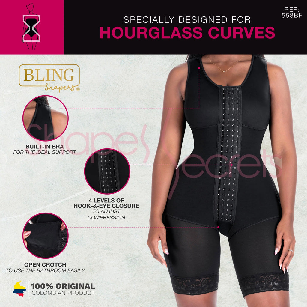 Bling Shapers 553BF black full-body Colombian shapewear with hook-and-eye closure, post-surgery BBL faja front view