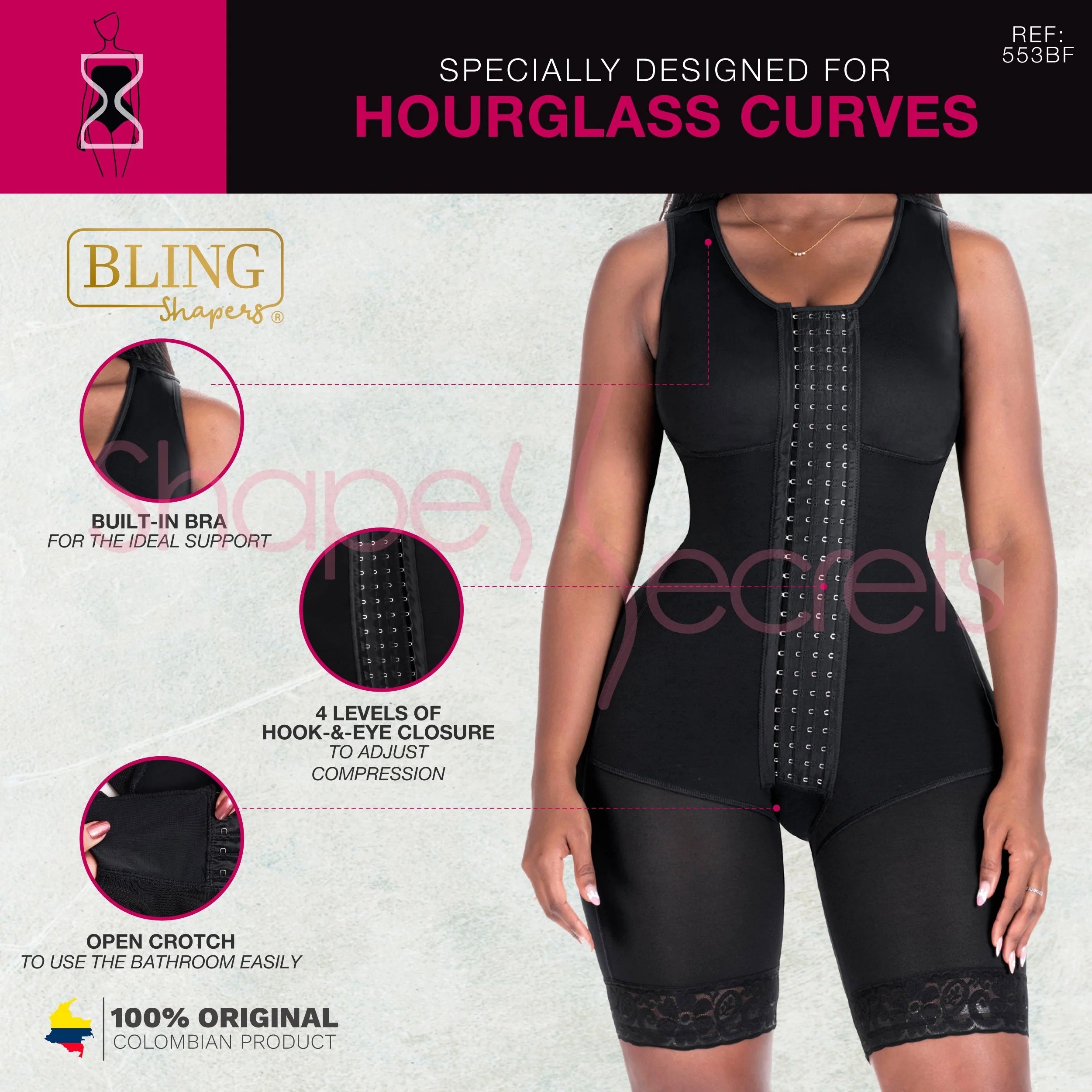 Bling Shapers 553BF black full-body Colombian shapewear with hook-and-eye closure, post-surgery BBL faja front view