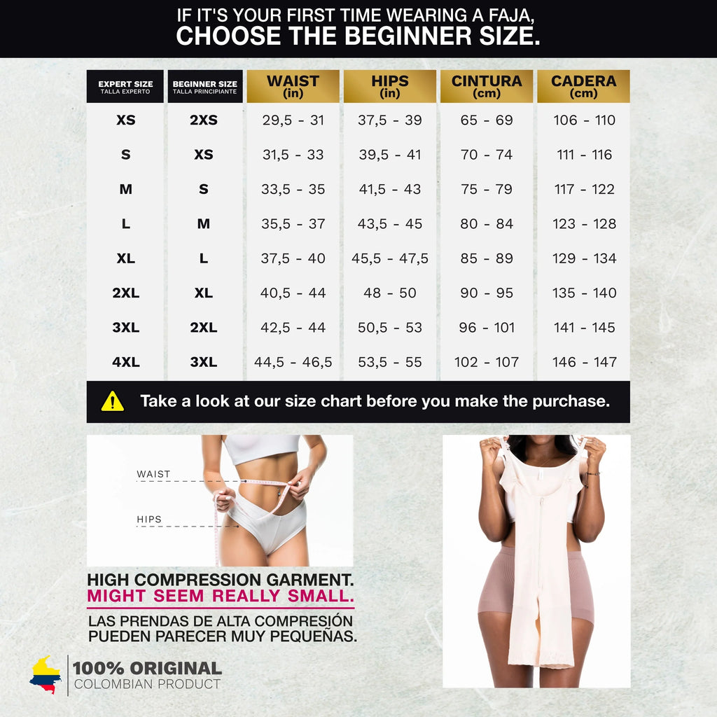 Bling Shapers BLI-938BF faja colombiana size chart showing waist and hip measurements for post-surgery BBL compression garmen