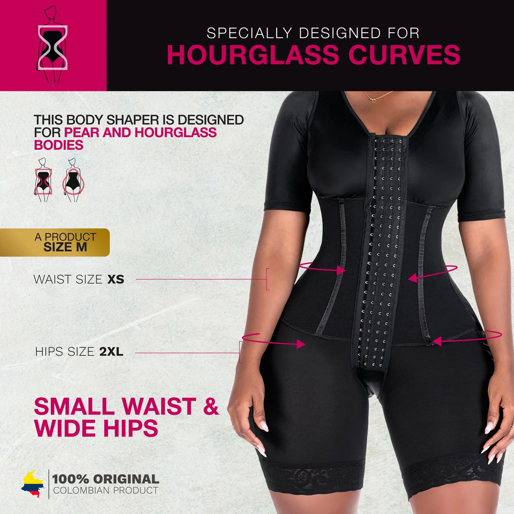 Bling Shapers BLI-938BF black BBL faja colombiana with hook closure and sleeves, post-surgery Colombian shapewear for hourgla