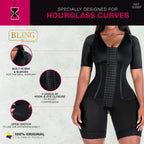 Bling Shapers 938BF black full-body post-surgery faja colombiana with hook-and-eye closure, sleeves, and open crotch front vi