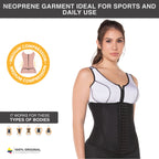 Fajas MyD MYDC5457 black neoprene waist trainer with hook closure, Colombian shapewear for sports and daily use