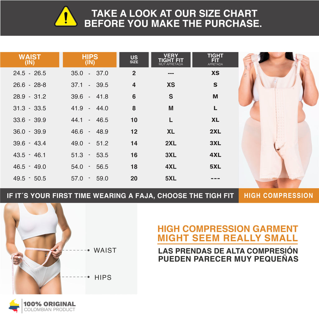 Fajas MyD MYDC5457 beige full-body Colombian shapewear size chart with compression garment fitting guide for women