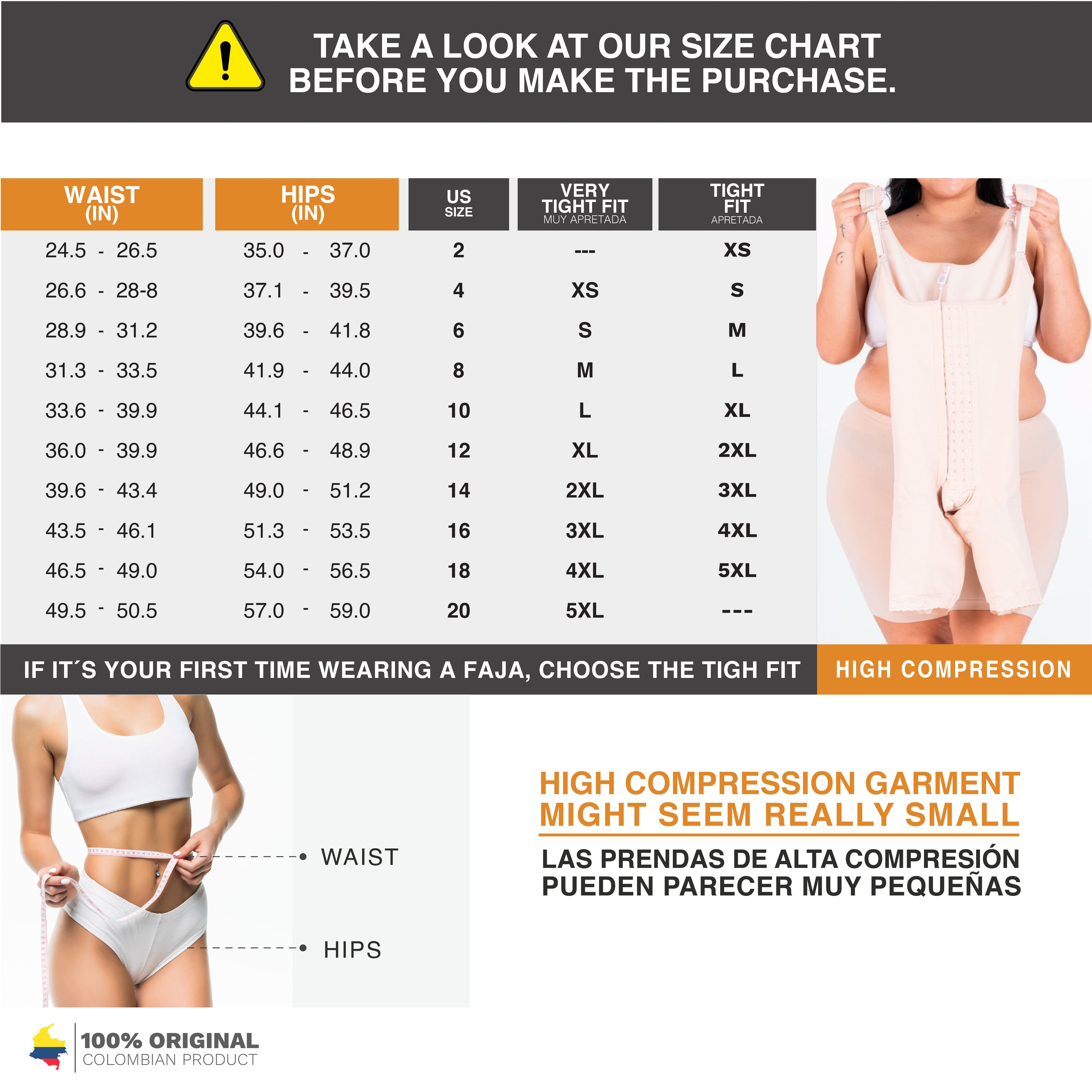 Fajas MyD MYDC5457 beige full-body Colombian shapewear size chart with compression garment fitting guide for women