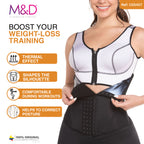 Fajas MyD C05457 black waist trainer with hook closure and thermal sauna belt, Colombian shapewear for workout weight loss