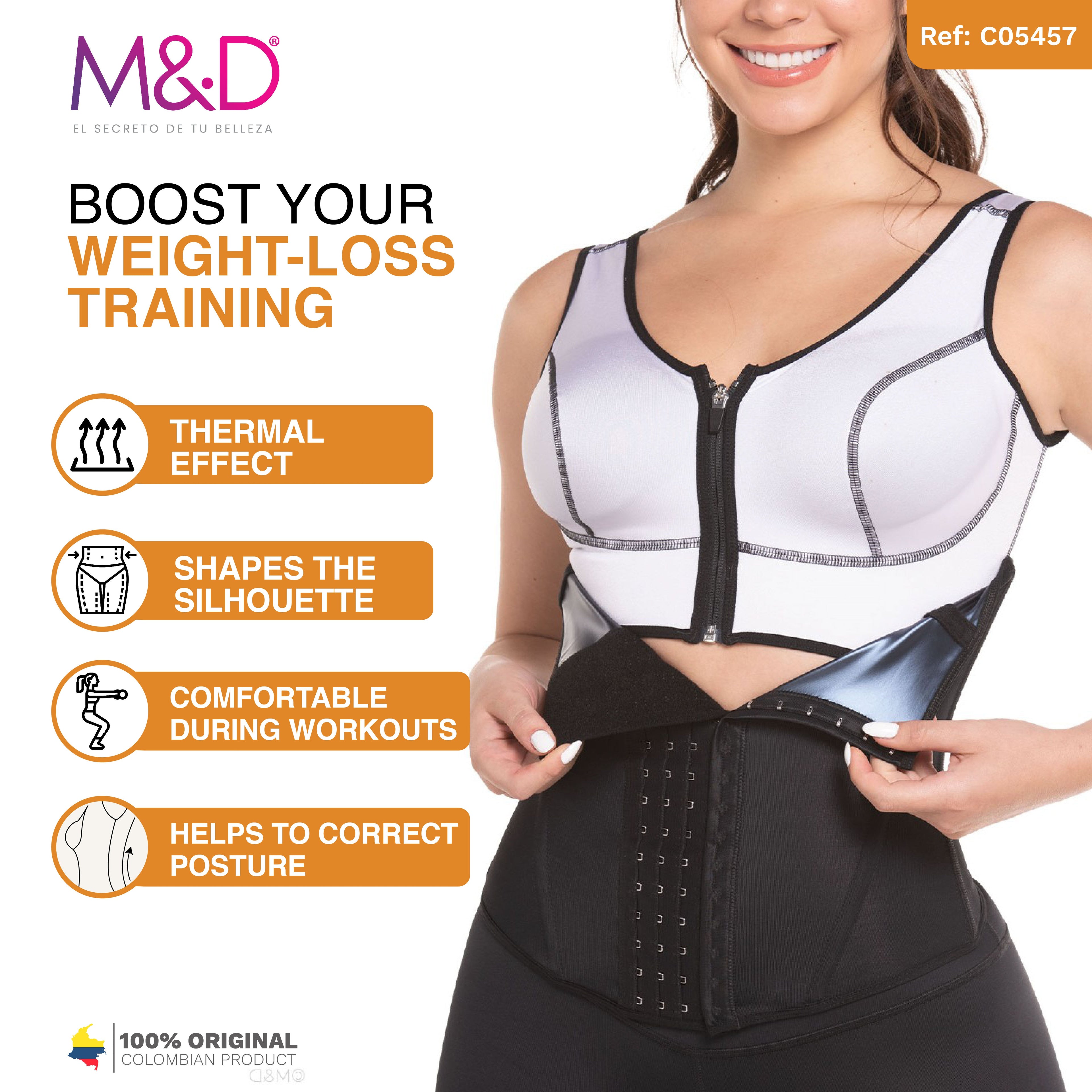 Fajas MyD C05457 black waist trainer with hook closure and thermal sauna belt, Colombian shapewear for workout weight loss