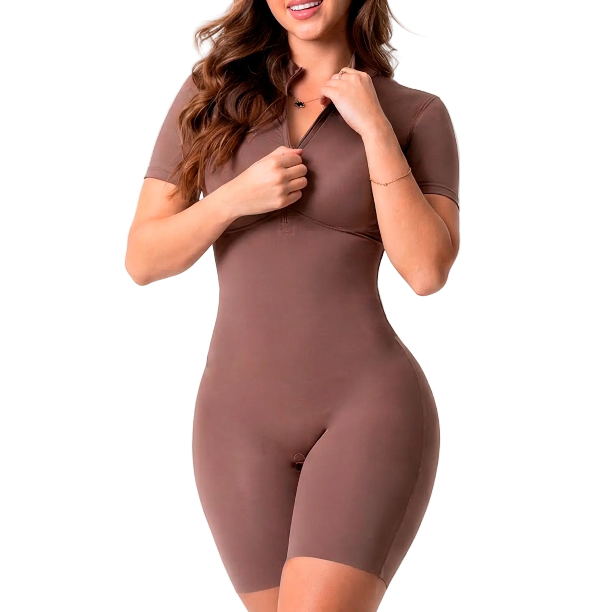 Fajas Salome 5502SCM-NE mocha zip-front bodysuit shorts, Colombian shapewear daily body shaper for women front view