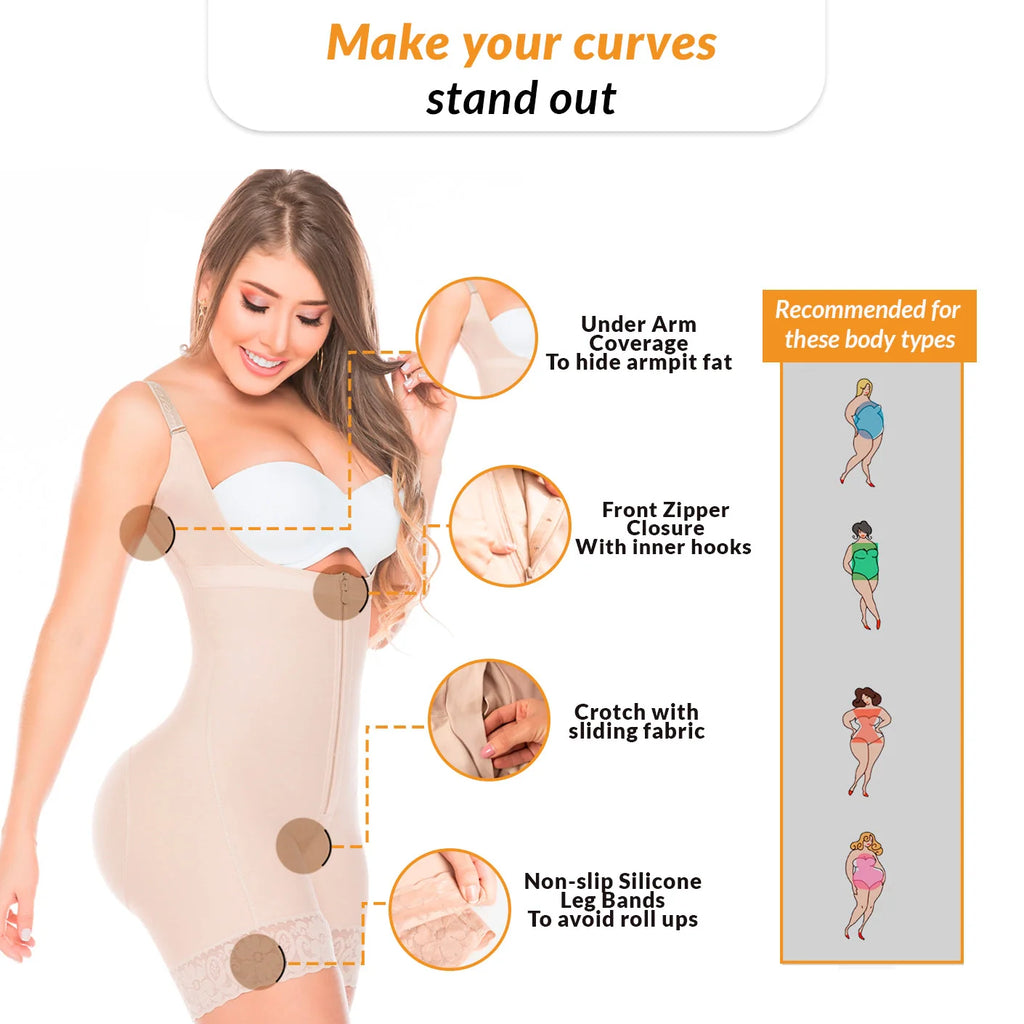 Fajas Salome 216 beige open-bust body shaper with front zipper, Colombian shapewear for curvy women daily use front view