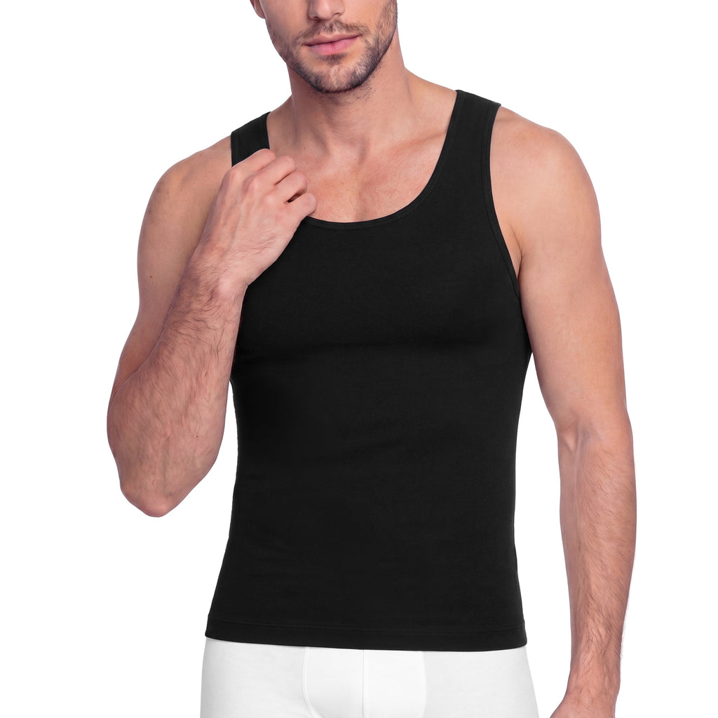 Fajas Salome 9001 black men's compression tank top body shaper, Colombian shapewear slim fit vest front view