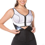 Fajas MyD MYDC5457 black waist trainer with hook closure and latex panel, Colombian shapewear for women workout