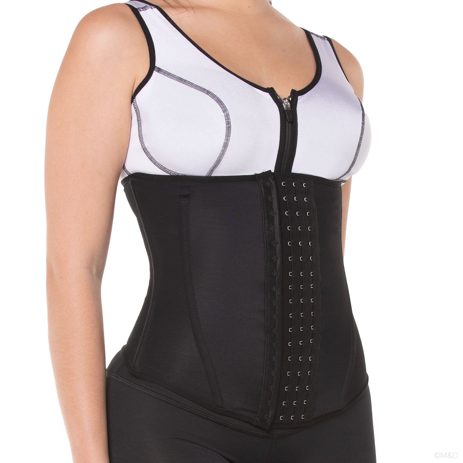 Fajas MyD MYDC5457 black latex waist trainer with hook-and-eye closure, Colombian shapewear for women side view