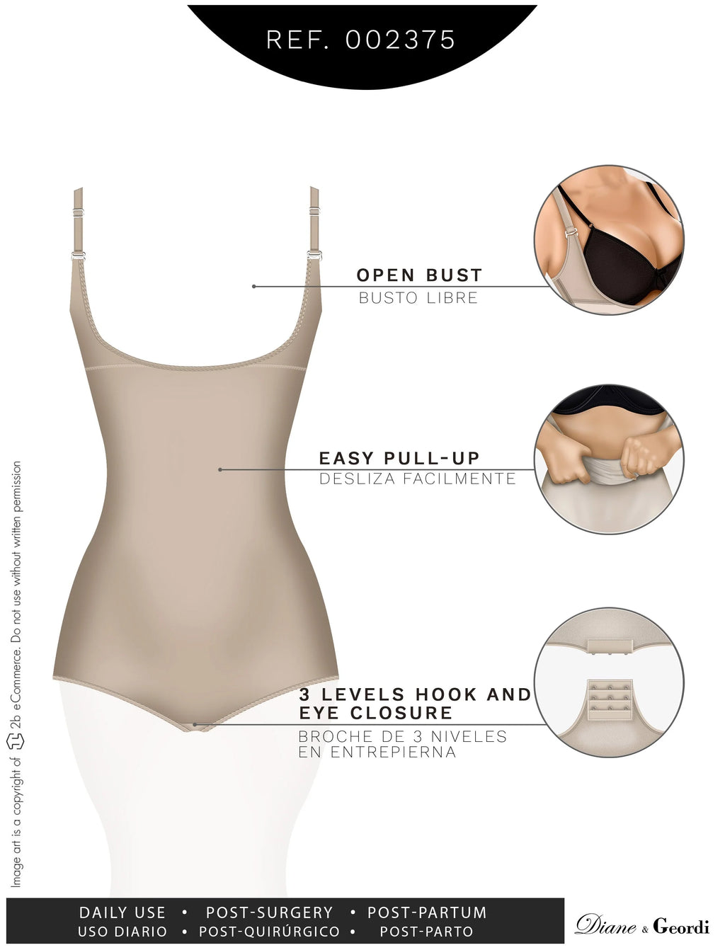 Diane & Geordi 002375 nude open-bust body shaper bodysuit with hook closure, daily Colombian shapewear front view
