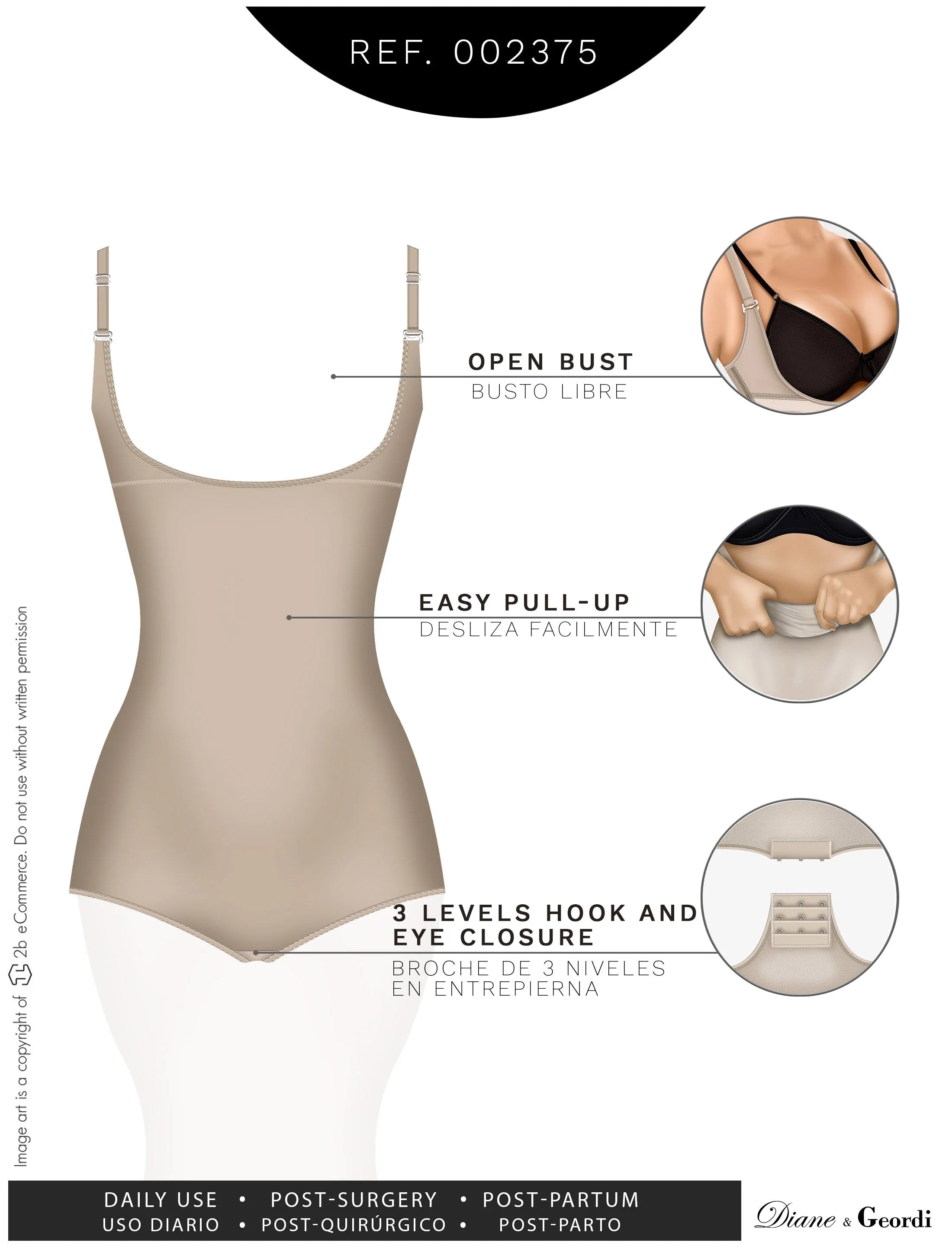 Diane & Geordi 002375 nude open-bust body shaper bodysuit with hook closure, daily Colombian shapewear front view
