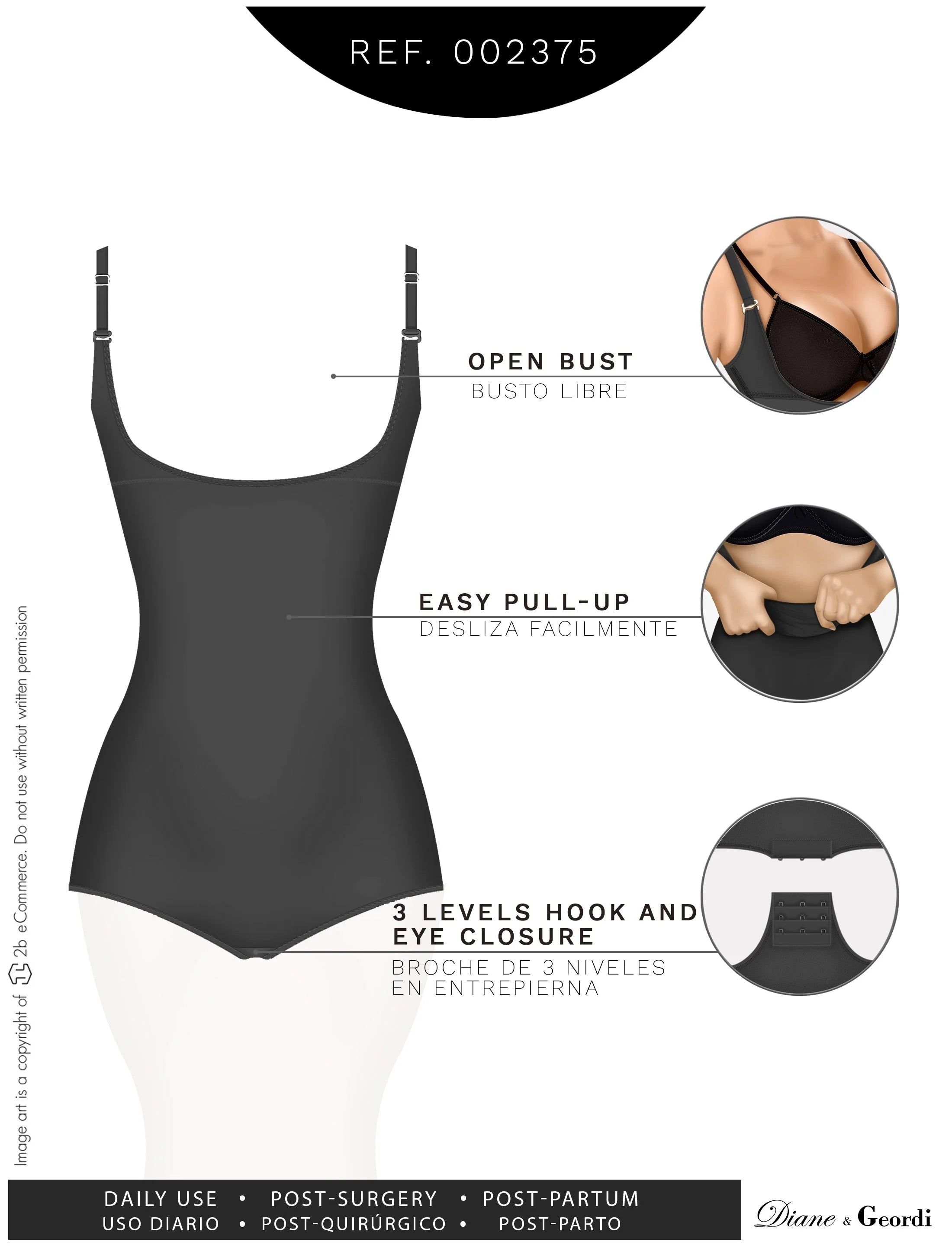 Diane & Geordi 002375 black open-bust body shaper bodysuit with hook-eye closure, Colombian shapewear for daily use