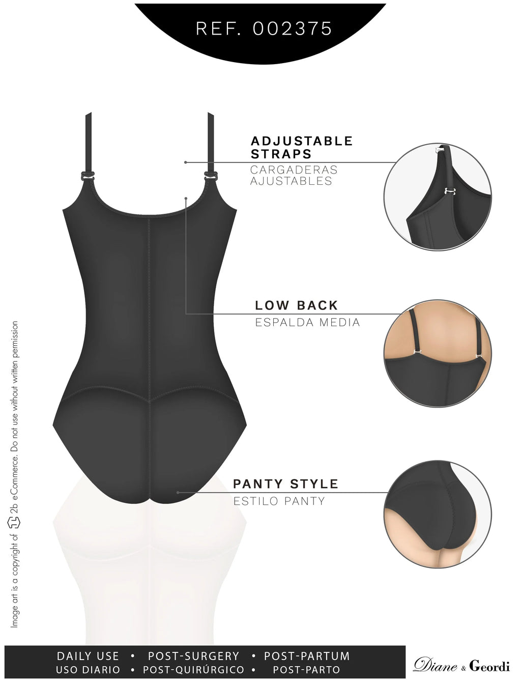 Diane & Geordi 002375 black Colombian shapewear bodysuit with adjustable straps, low back panty-style body shaper back view