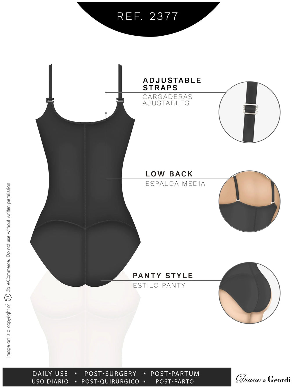 Diane & Geordi 2377 black body shaper bodysuit with adjustable straps, Colombian shapewear for post-surgery daily use back vi
