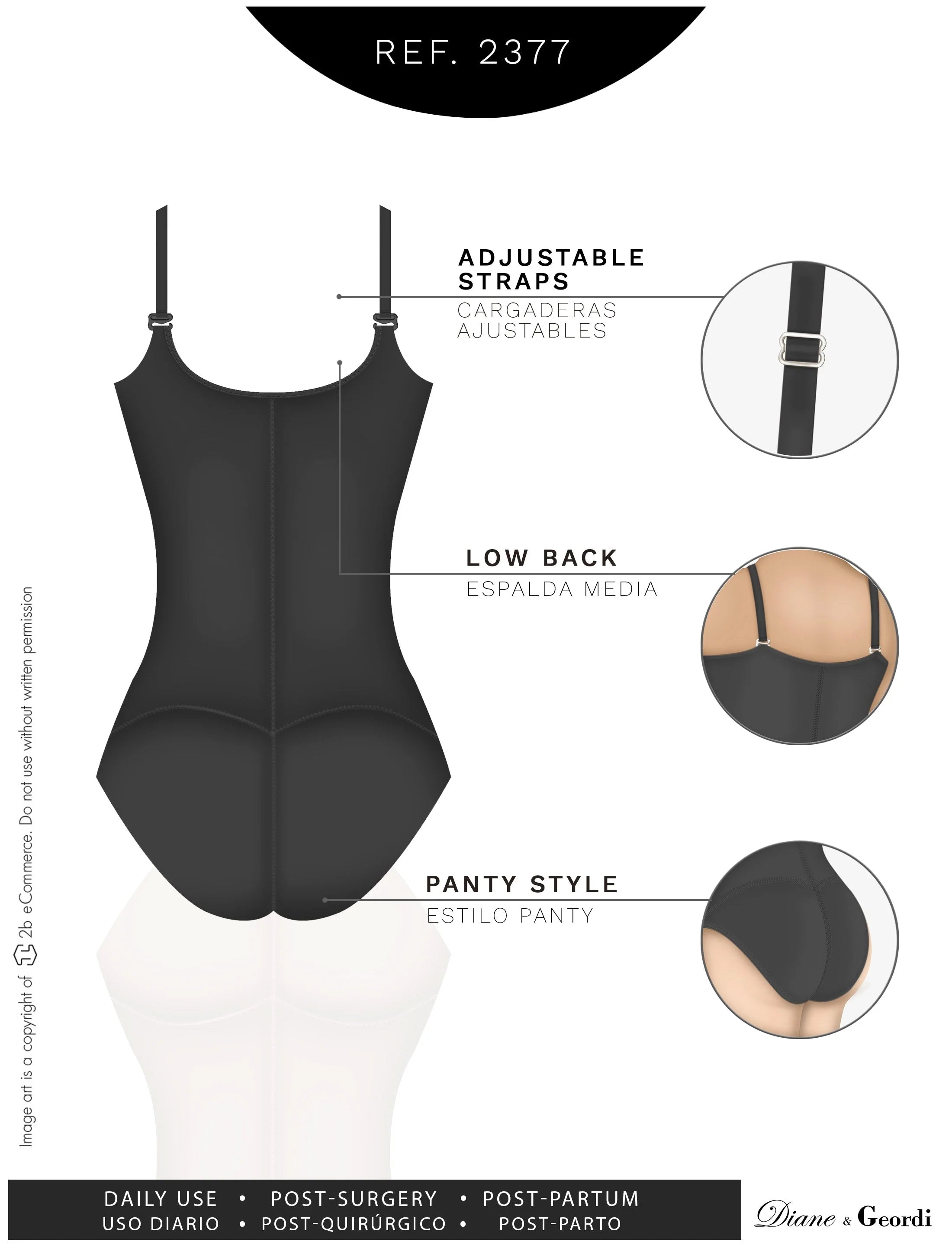 Diane & Geordi 2377 black body shaper bodysuit with adjustable straps, Colombian shapewear for post-surgery daily use back vi