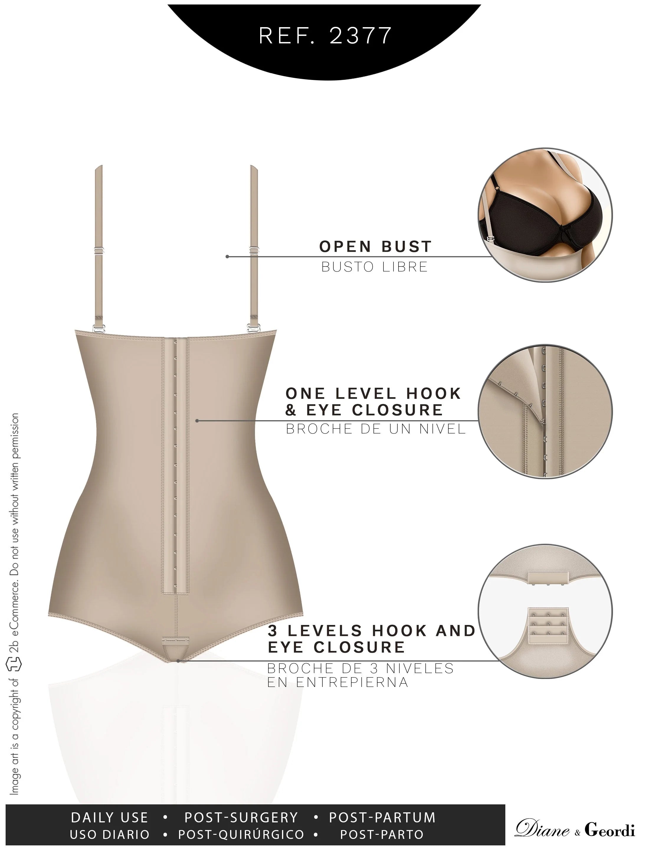 Diane & Geordi 2377 beige open-bust bodysuit faja colombiana with hook closure, Colombian shapewear for post-surgery daily us
