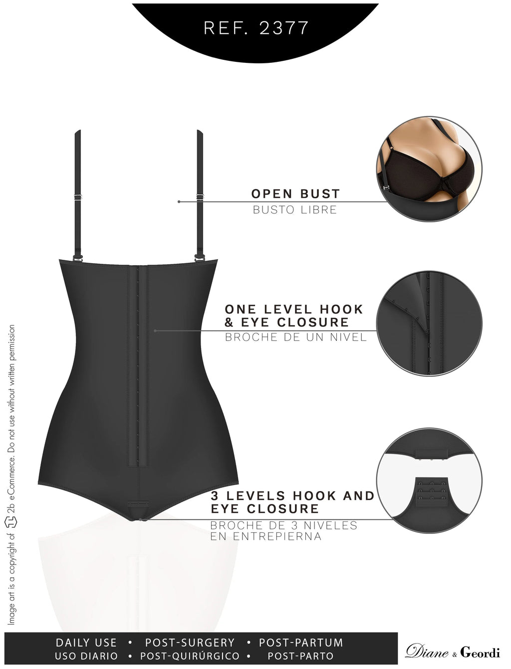 Diane & Geordi 2377 black open bust body shaper with hook closure, Colombian shapewear for post-surgery daily use