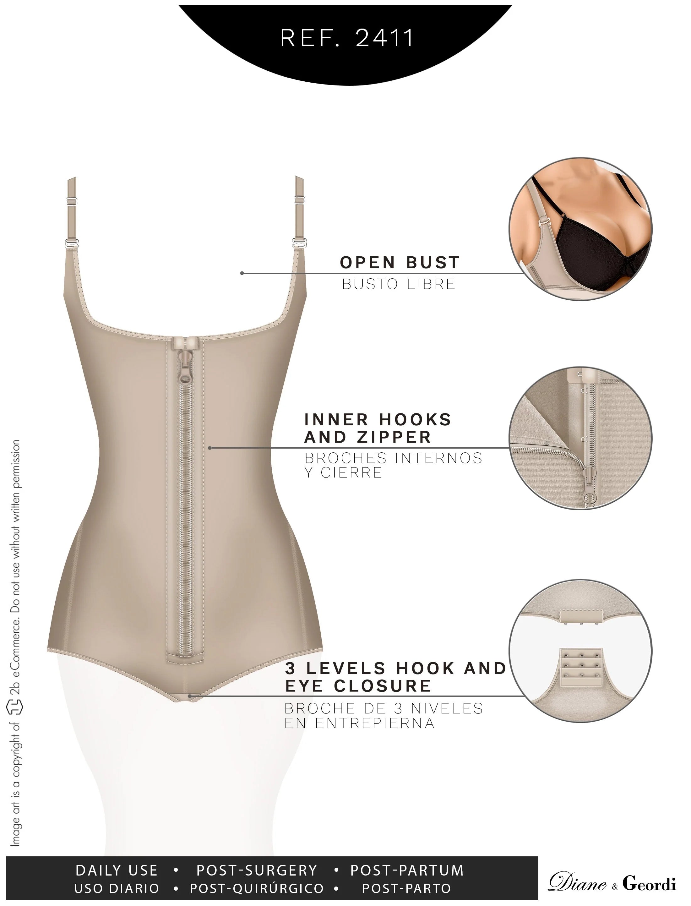 Diane & Geordi 2411 beige open-bust body shaper with front zipper, Colombian shapewear bodysuit for daily and post-surgery us
