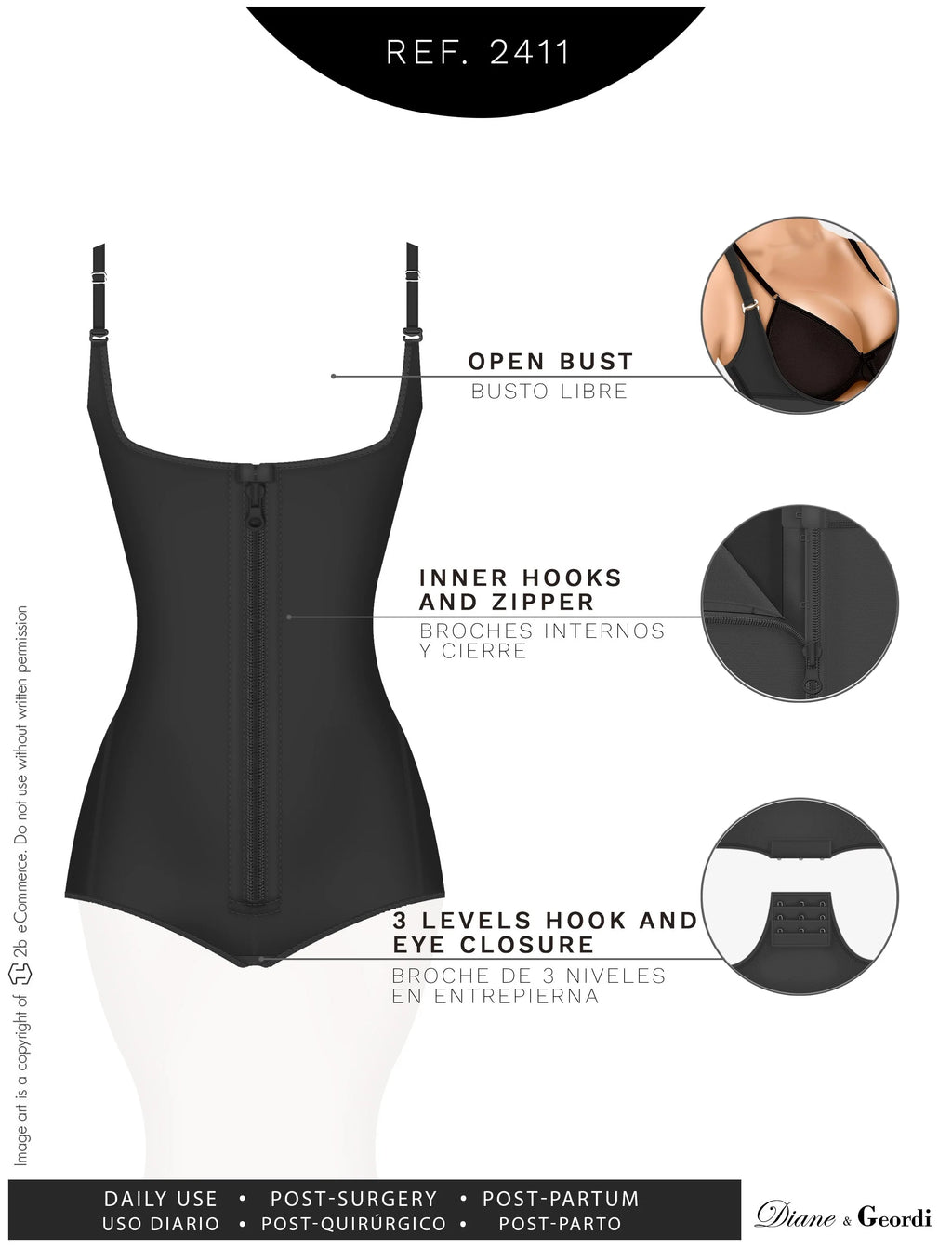 Diane & Geordi 2411 black open-bust Colombian shapewear bodysuit with zipper and hook closure, daily body shaper front view