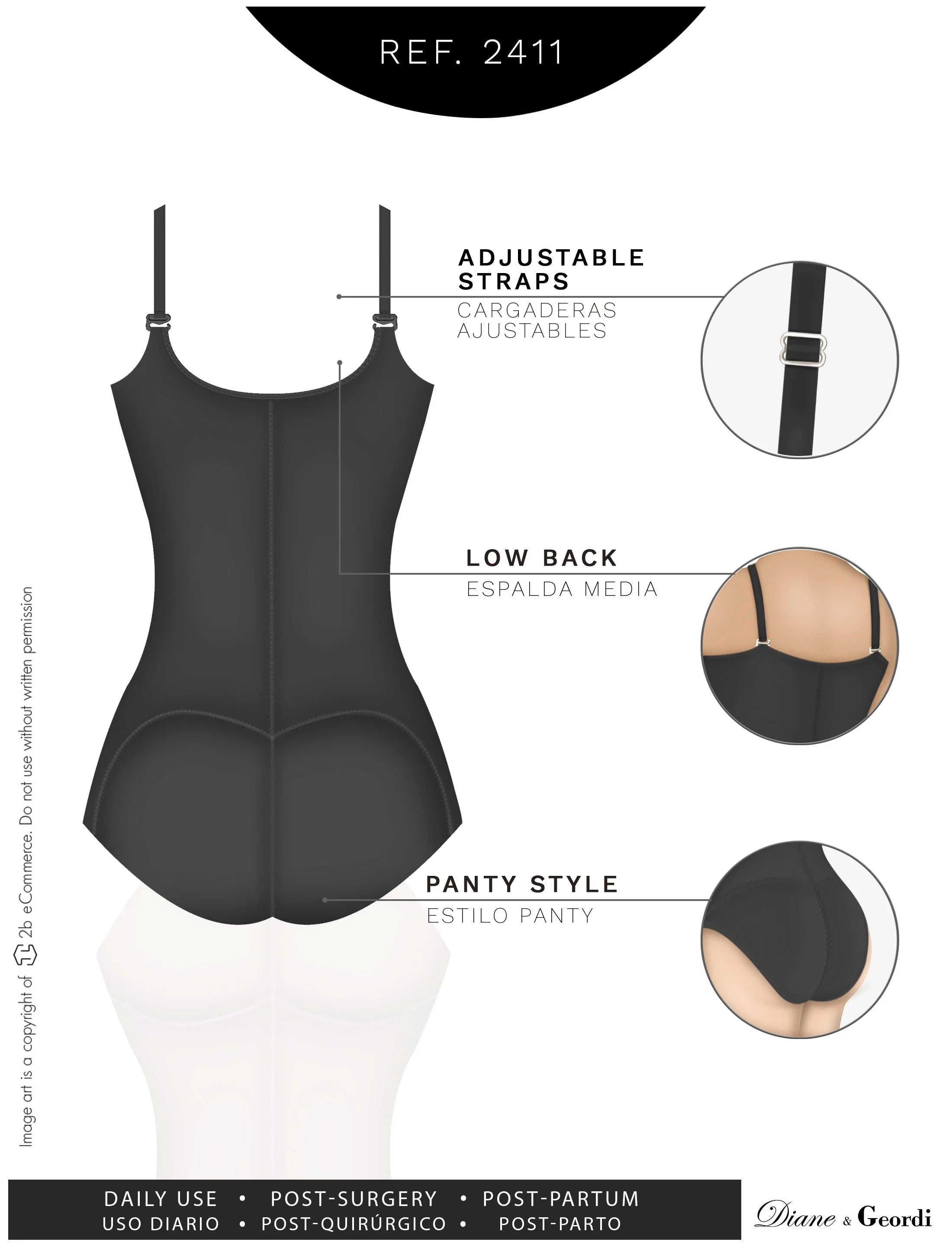 Diane & Geordi 2411 black full-body Colombian shapewear bodysuit with adjustable straps, low back, panty style body shaper ba
