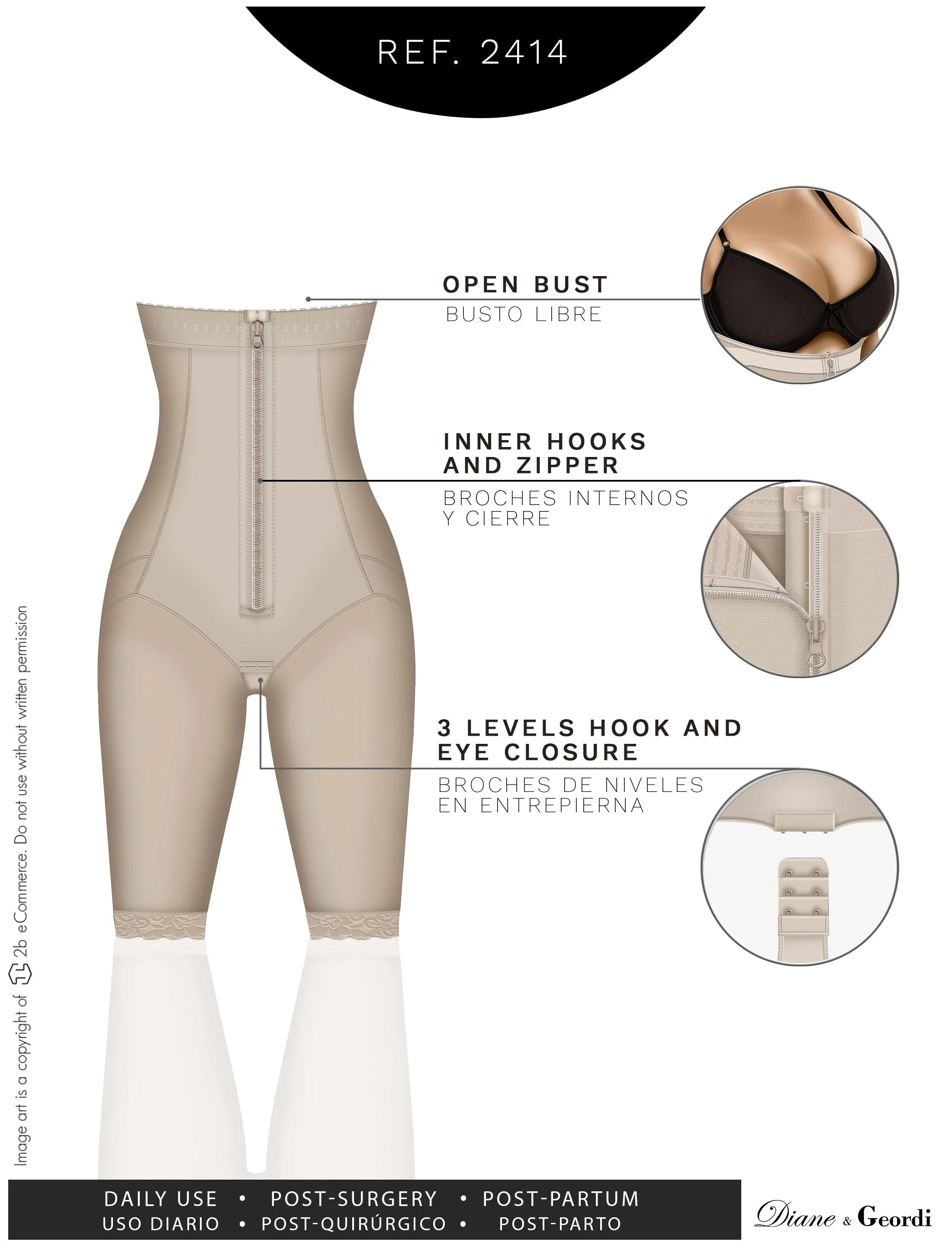 Diane & Geordi 2414 beige open-bust Colombian faja with zipper closure, post-surgery body shaper shorts front view
