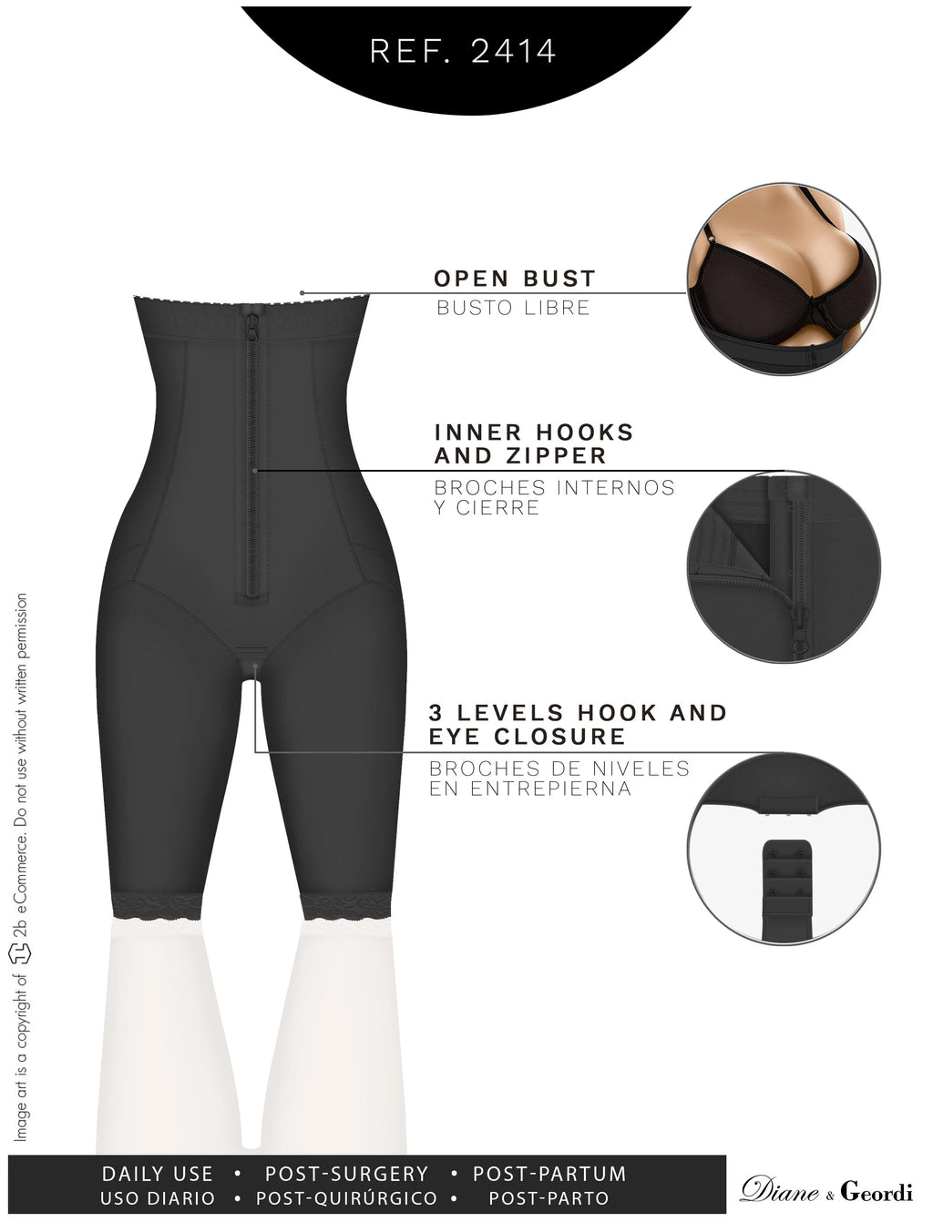 Diane & Geordi 2414 black open-bust Colombian shapewear faja with zipper and 3-level hook crotch closure front view