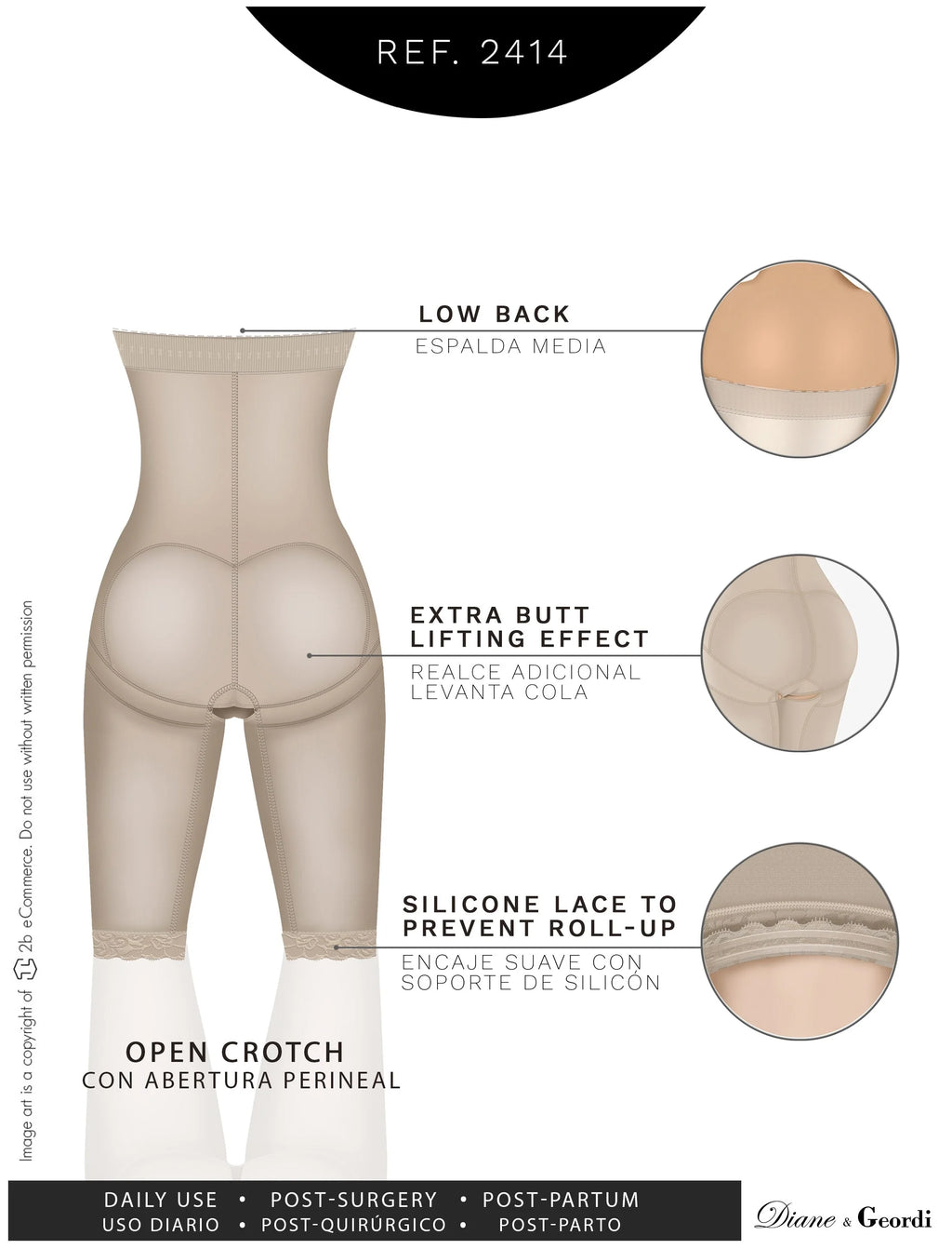 Diane & Geordi 2414 beige Colombian shapewear faja with butt lifting effect and open crotch, post-surgery body shaper back vi
