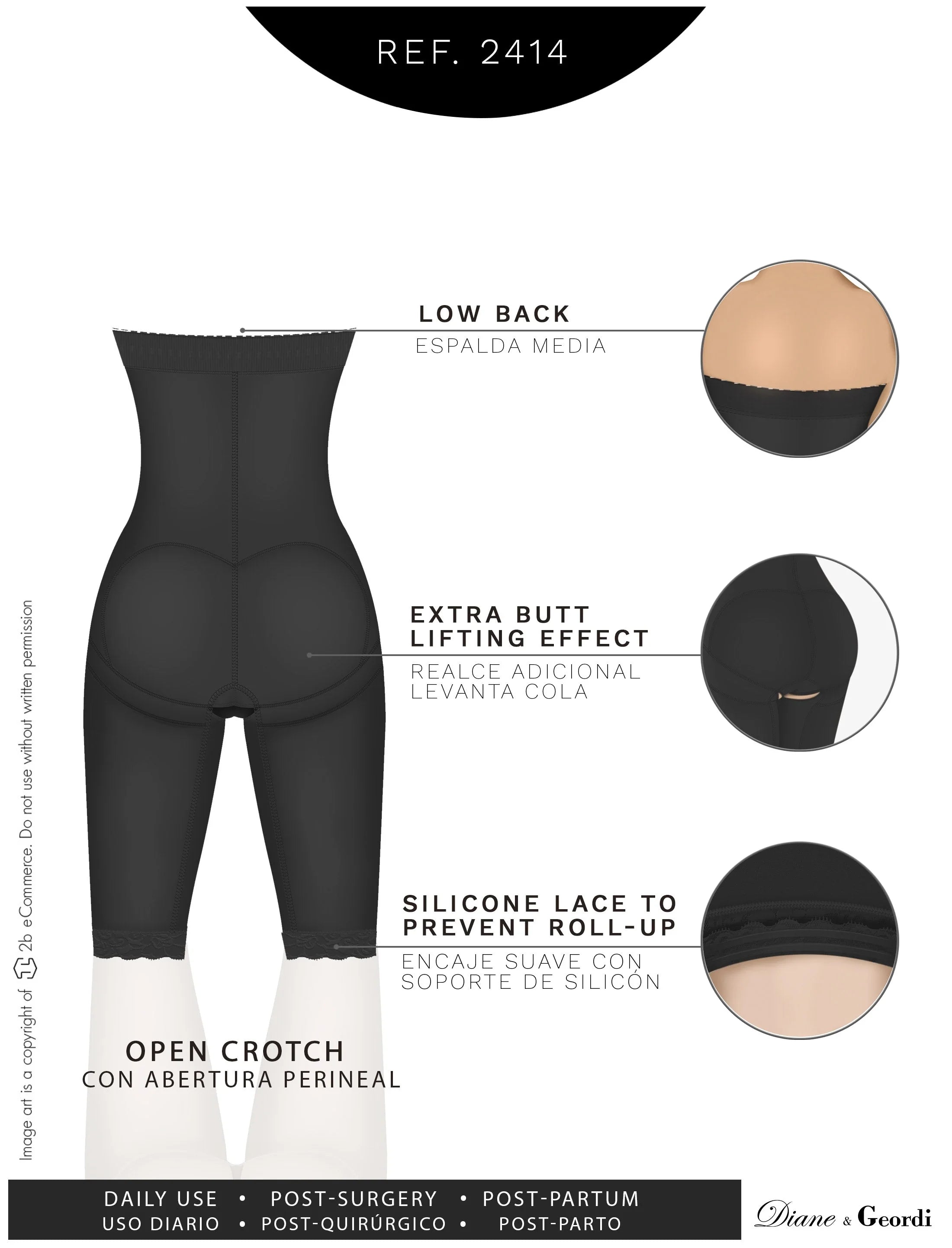 Diane & Geordi 2414 black Colombian shapewear shorts with butt lifting effect and open crotch, post-surgery faja back view