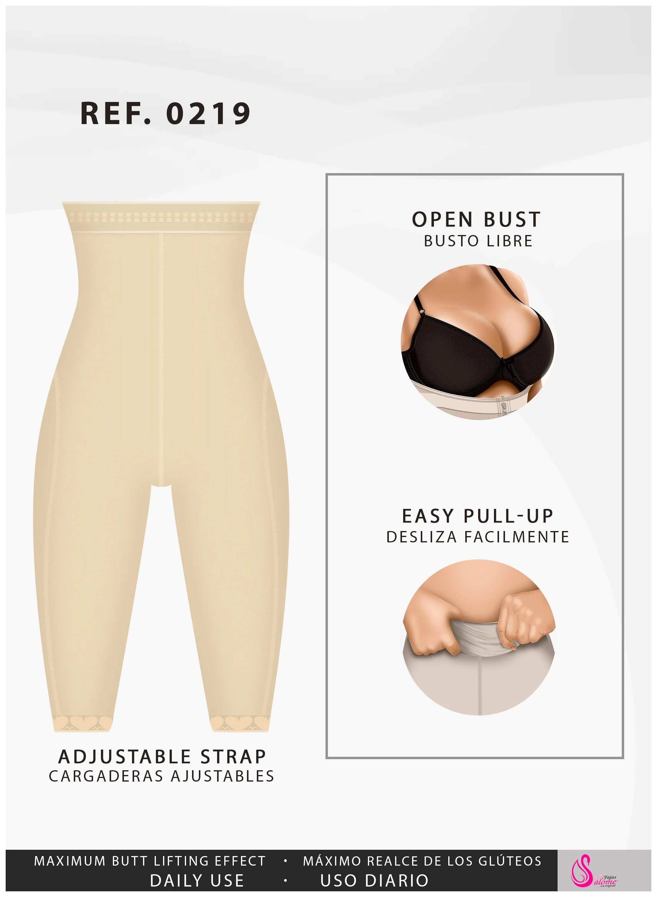 Fajas Salome 0219 beige high-waist shaper shorts open bust Colombian shapewear with easy pull-up and adjustable straps