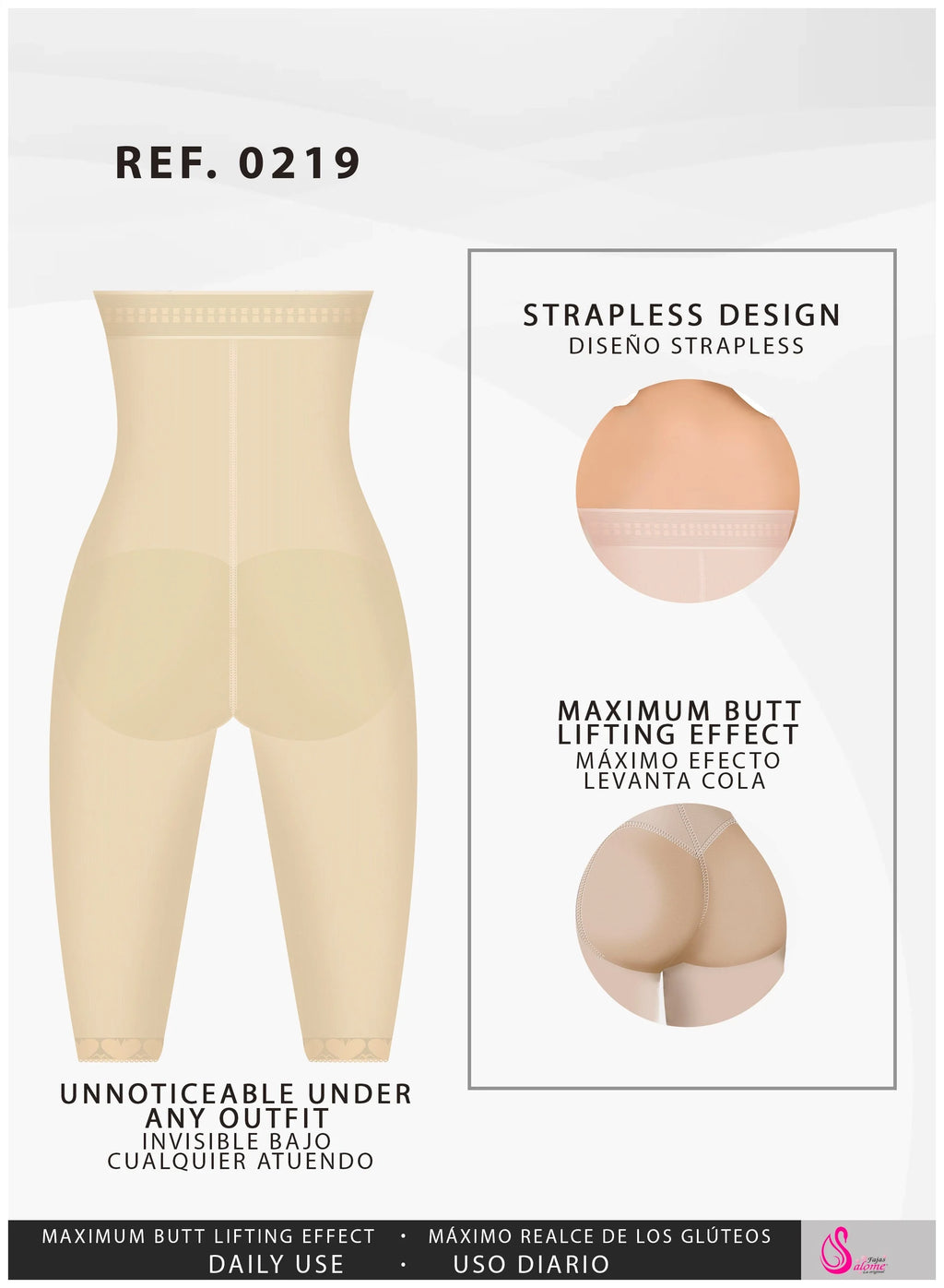 Fajas Salome 0219 beige strapless shaper shorts with butt lifting effect, Colombian shapewear for daily use front view