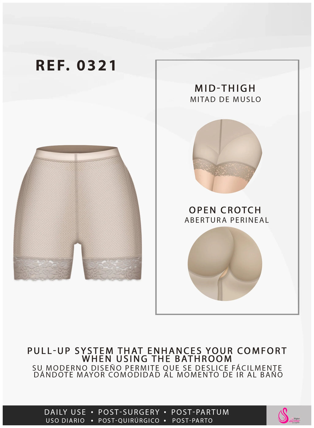 Fajas Salome 0321 beige mid-thigh shaper shorts with lace trim and open crotch, Colombian shapewear for daily use