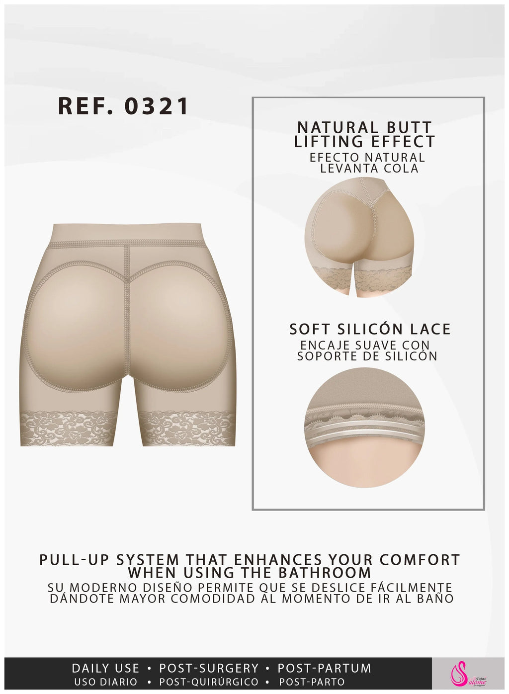 Fajas Salome 0321 beige butt lifting shaper shorts with lace hem, Colombian shapewear for daily use and post-surgery back vie