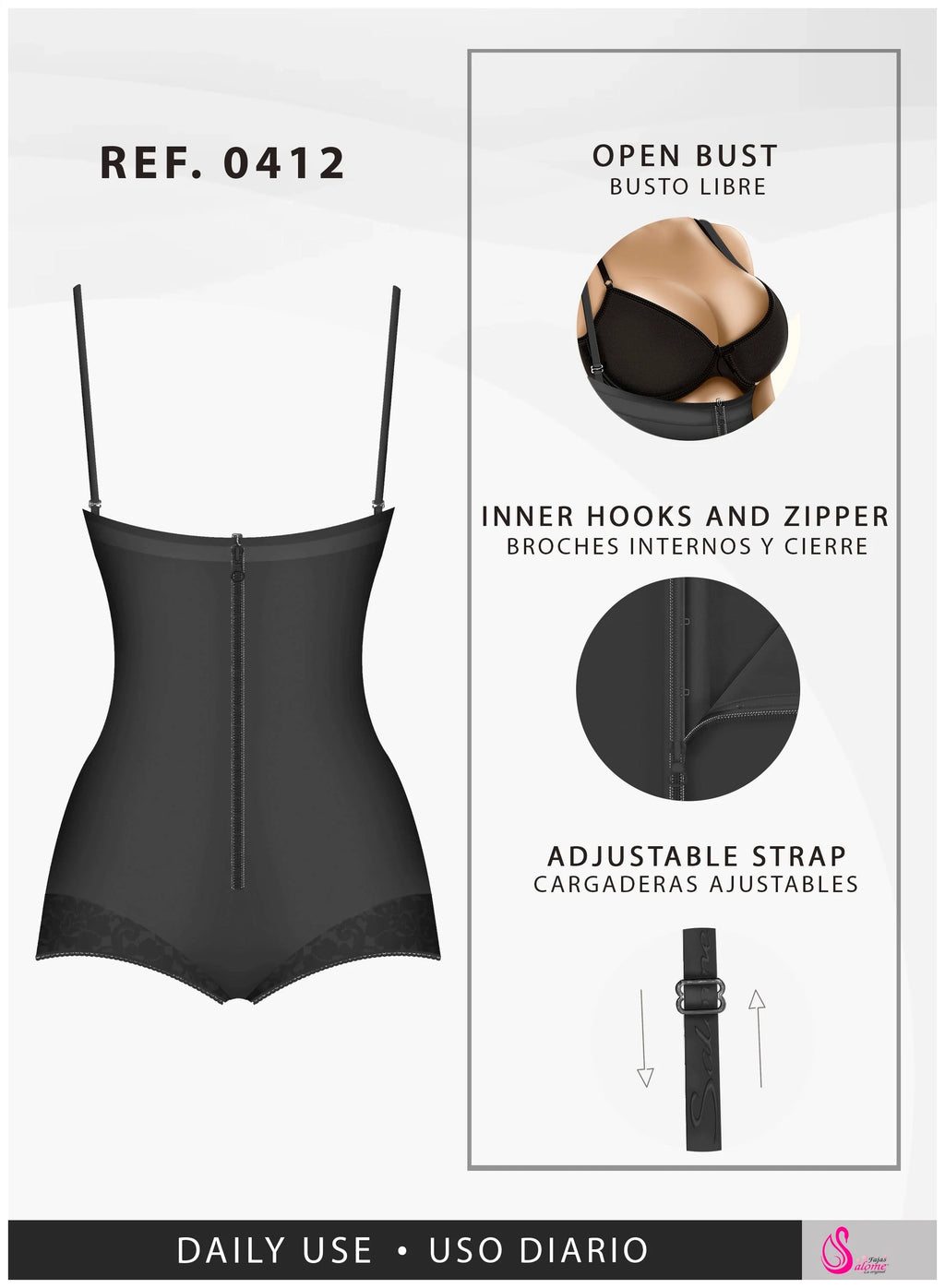 Fajas Salome 0412 black open-bust body shaper with zipper closure and adjustable straps, daily Colombian shapewear front view